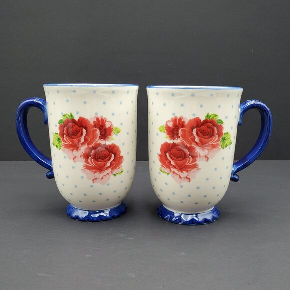 Pioneer Woman Heritage Floral Mugs Red Roses Flowers Footed Mugs - Picture 1 of 8